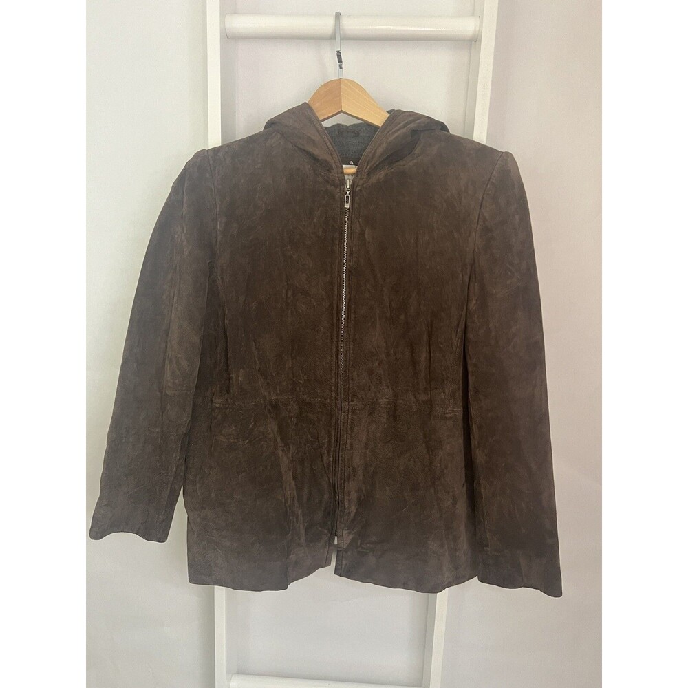 Valerie Stevens GENUINE Suede Jacket Womens M Brown Hood Leather Zip Pocket EC